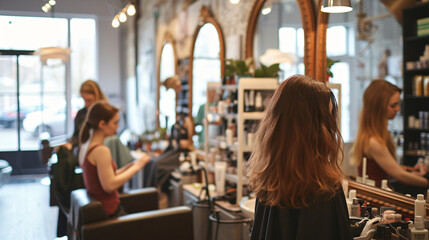 A stylish hair salon with hairdressers at work and clients getting makeovers.