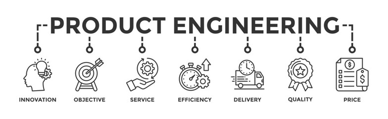 Product engineering banner web icon vector illustration concept with icon of design, innovation, planning, support, testing, development, management, deployment