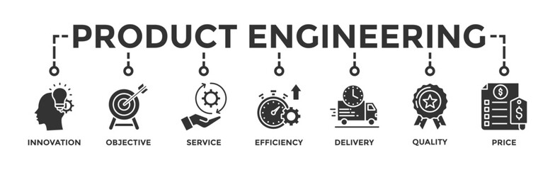 Product engineering banner web icon vector illustration concept with icon of design, innovation, planning, support, testing, development, management, deployment