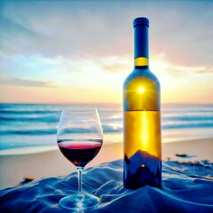 glass and bottle of wine at beach