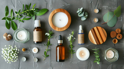 A therapeutic flat lay of aromatherapy products including essential oils and diffusers. - obrazy, fototapety, plakaty