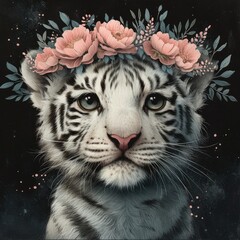 white tiger with a wreath of pink flowers on her head with big green eyes on a pastel black background