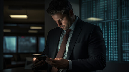 
a user looking at the phone screen, with professional black suit.