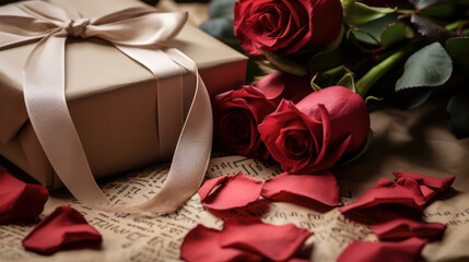 Red roses lying on kitchen worktop next to a gift wrapped in brown paper and an ebony ribbon
