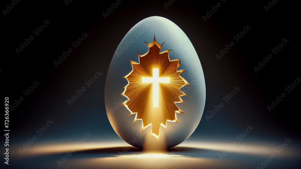 Poster Resurrection Glow: Illuminated Holy Cross inside Cracked Easter Egg.