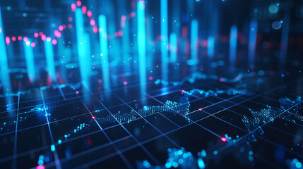 Fototapeta na wymiar Digital Financial Data Visualization with Glowing Blue Neon Grid and Cyber Concept
