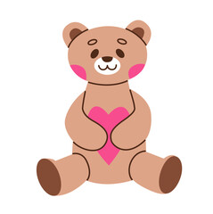 Funny character Teddy holding in paws of big heart. The concept of Valentine's Day. Flat vector illustration.