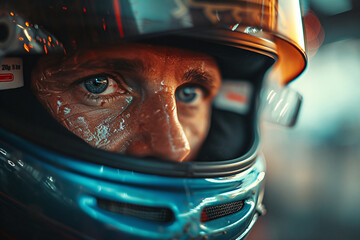 Close-up of the face of a man in the helmet of a racing car