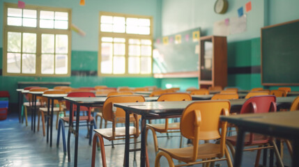 Fototapeta na wymiar Empty Classroom with Desks, Chairs, and Blackboard in Elementary School