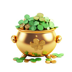 St. Patrick Day leprechaun hat, a shamrock, a pot of gold coins