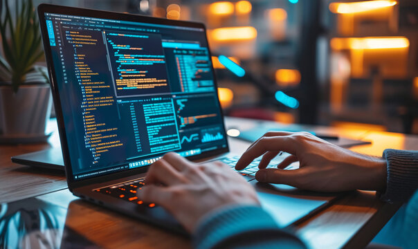 Professional Programmer Typing Code on Laptop for Cross-Platform Application Development