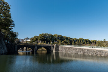 Fototapeta na wymiar River in Chiyoda Park, Imperial Palace area. Sighseeing place. Clear blue sky in Background. Bridge in Background.