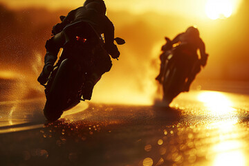 Motorcycle race on the road at sunset. Silhouette of a motorcycle rider