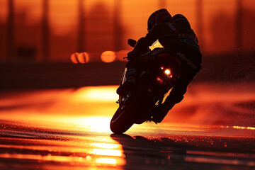Motorcycle rider in action at fast speed on race track. Extreme sport.