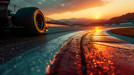Race car on the race track at sunset.