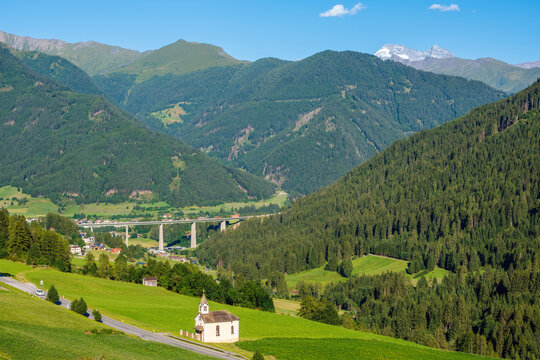 Wipptal valley in summer, an Alpine valley in Tyrol, Austria.