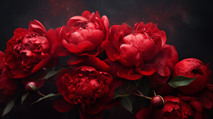 Gorgeous deep red peonies on a dark background. Floral background. Space for text or design.