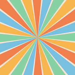 Groovy retro yellow sunburst starburst with ray of light. Abstract background with colorful sun in 60s, 70s hippie style. Trendy colorful graphic print. Sunny template. Flat design.