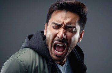 Obraz premium shock and emotional breakdown, depression. upset Asian man screaming, crying on dark grey background