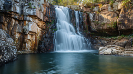 Fototapeta na wymiar A majestic waterfall cascading over rugged cliffs into a serene pool below.