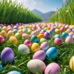Fototapeta na wymiar Easter eggs hiding in the grass In Flower Field
