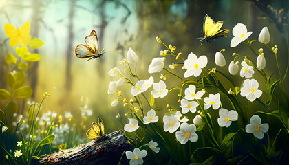 Easter spring background with forest meadow with white spring flowers and yellow butterflies on a sunny day. Easter morning. Generative AI. - obrazy, fototapety, plakaty