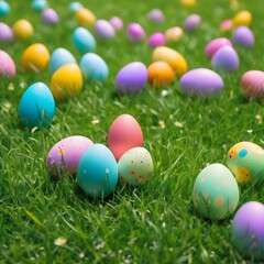 Fototapeta na wymiar Easter eggs hiding in the grass In Flower Field