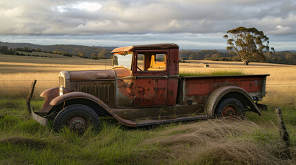 A meticulously restored farm truck in a rustic country setting.