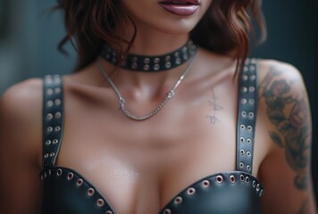 woman is dressed in leather harness and black leather lingerie for adult bdsm games.
