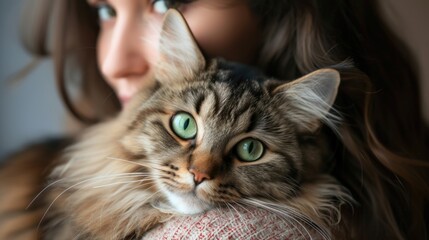 Portrait of young woman holding cute cat with green eyes. Female hugging her cute long hair kitty. Background, copy space, close up. Adorable domestic pet concept