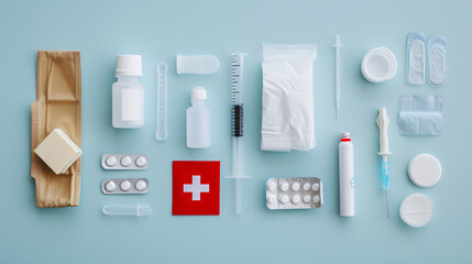 A minimalist flat lay of essential first aid items including bandages antiseptics and gauze.