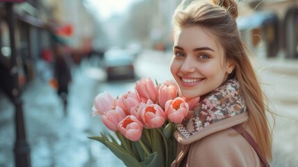 happy young woman with a bouquet of tulip flowers walks along a city street or field. 8 March concept