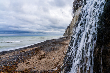 Waterfall Kieler Bach at chalk cliff in Jasmund national park on the German island Rugia