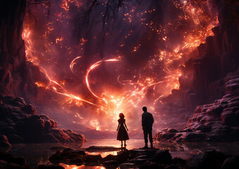 Fantasy Art of a Boy and Girl in a Canyon Looking at Magical Swirling Lights