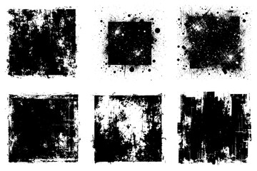 Set of 6 black grunge scatter rough overlay textures. Distressed backgrounds. 