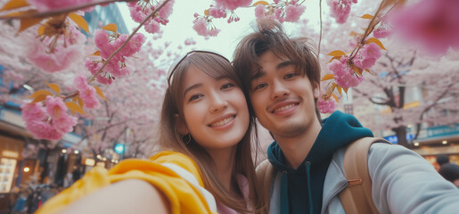 Happy traveler couple relaxing and take a selfie with cherry blossom tree. Travel concept