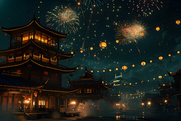 Obraz premium Holiday firework over a temple. Chinese New Year holiday celebration. Chinatown city panorama at night with colorful exploding fireworks