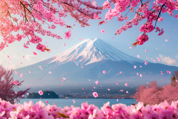 Beautiful view of Mount Fuji and cherry blossoms in spring. Nature and travel concept