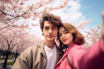 Traveler couple enjoying beautiful view of cherry blossom tree during spring season. Travel concept