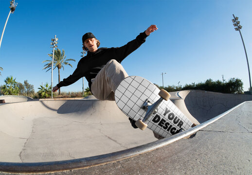 Mockup of man on customizable skateboard
