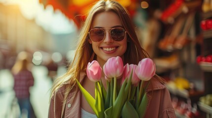 happy young woman with a bouquet of tulip flowers walks along a city street or field. 8 March concept