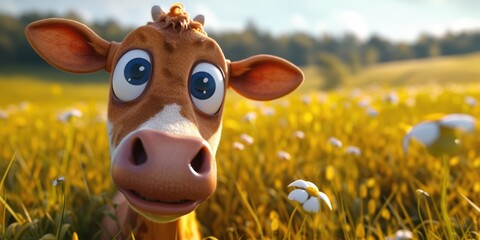 cartoon crazy cute cow smiling - obrazy, fototapety, plakaty