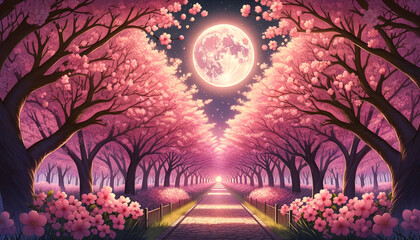 満月と夜桜、壁紙　（ AI生成画像 ）