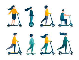 Fototapeta premium People ride scooters. Modern illustration. Flat vector. Isolated on white background.