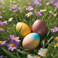 Fototapeta premium Easter eggs hiding in the grass In Flower Field