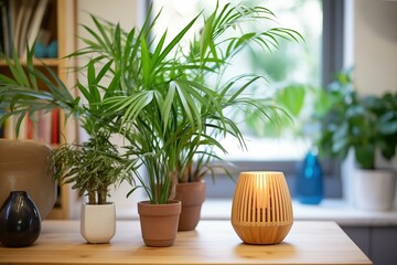 eco-friendly bamboo essential oil diffuser surrounded by houseplants