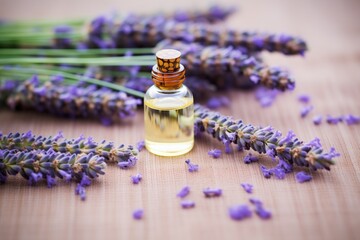 Obraz na płótnie Canvas lavender oil in dropper bottle on bed of lavender flowers