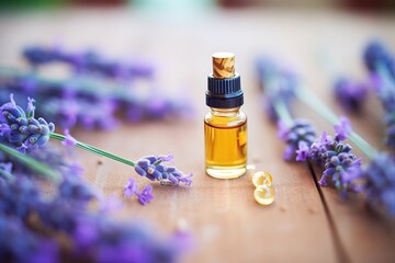 lavender oil in dropper bottle on bed of lavender flowers