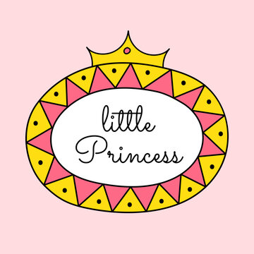 Cute graceful oval vector frame with crown and lettering. Pink mirror for a little princess, beautiful decorative border, hand drawn.