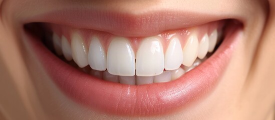Close-up of a woman's perfect white crown teeth with dental care and stomatology, dentistry copyspace, including banner tooth whitening, shade guide bleach color, and female veneer smile.